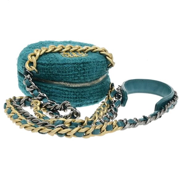 CHANEL 19 CC Logo Round Chain Mini Shoulder Bag Tweed Leather Green 332LC528 - Picture 14 of 16